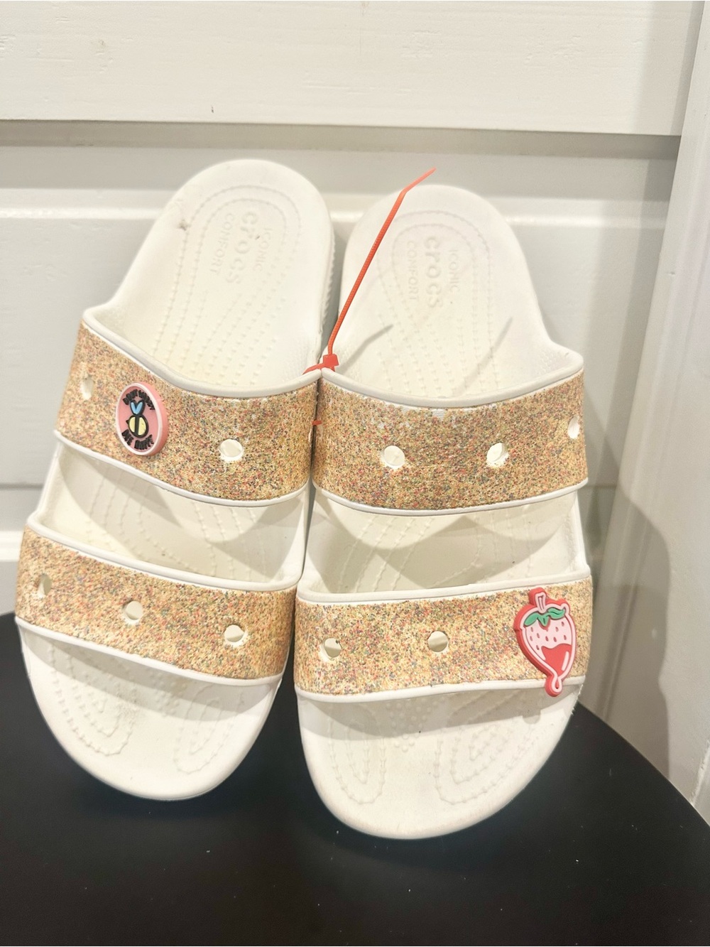 CROCS White Glitter Slide Sandals with Strawberry Charm Ladies 10